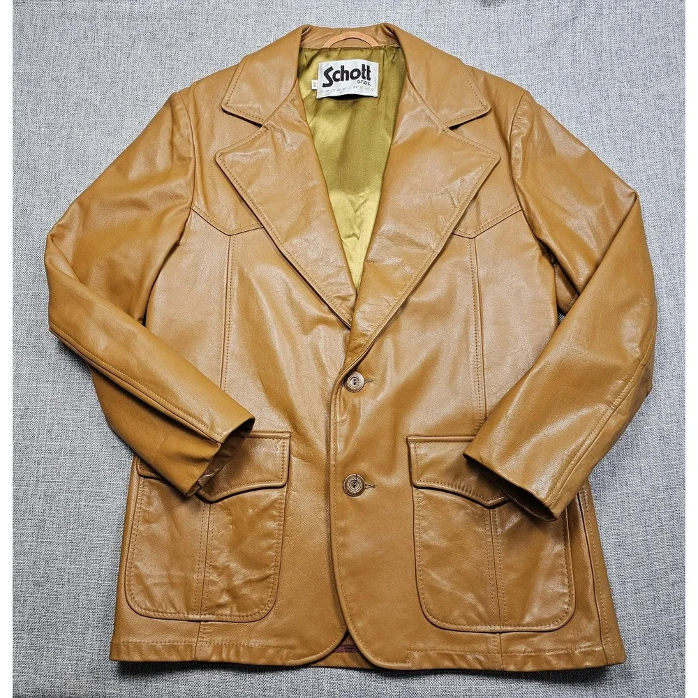 VINTAGE Schott Sport Coat Mens 44 Brown Leather Blazer Patch‎ Pockets Jacket
